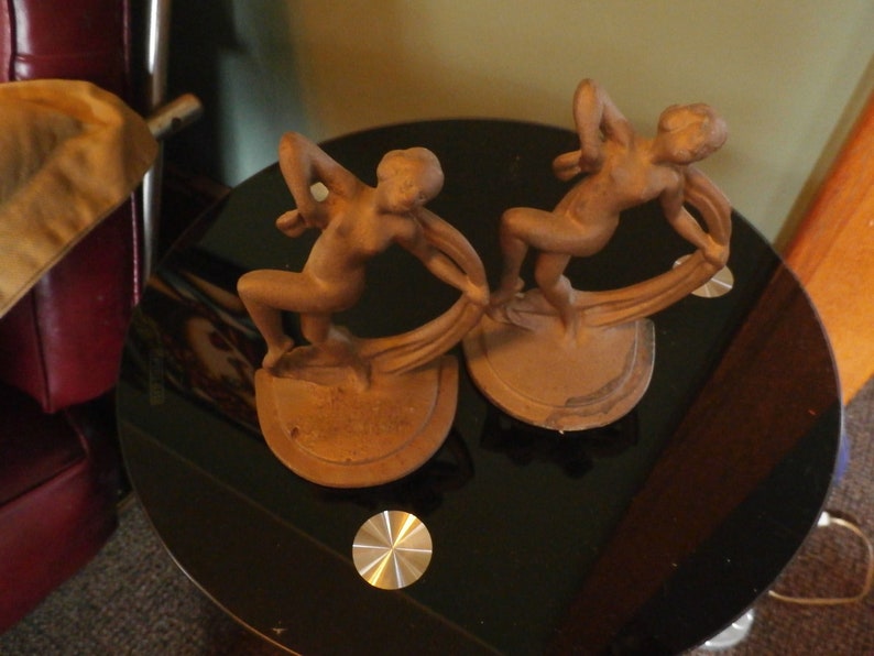 Frankart Era Art Deco Dancing Nude Bookends Cast Iron Chocolate Brown Color Original Paint