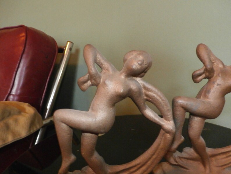 Frankart Era Art Deco Dancing Nude Bookends Cast Iron Chocolate Brown Color Original Paint