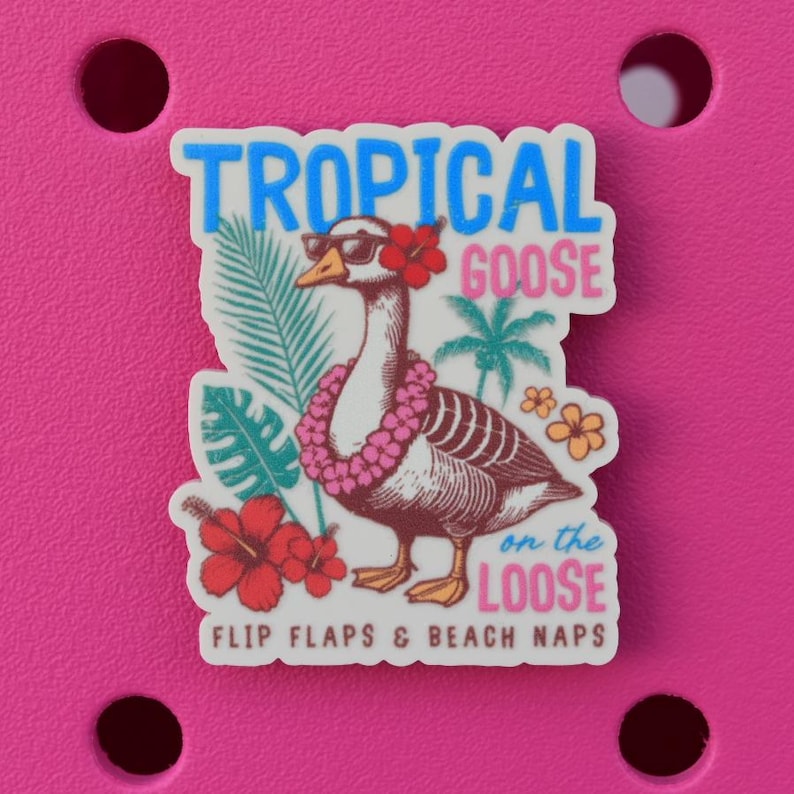 Pode incluir: Um acess&oacute;rio colorido com tema tropical, apresentando um ganso usando &oacute;culos de sol e um colar de flores. O acess&oacute;rio tem as palavras "TROPICAL GOOSE on the LOOSE" e "FLIP FLAPS & BEACH NAPS". O fundo &eacute; rosa brilhante.