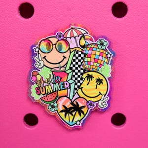 May include: A colorful sticker with a summer theme. It features a smiley face, a disco ball, a palm tree, a watermelon, and the text "hello summer".