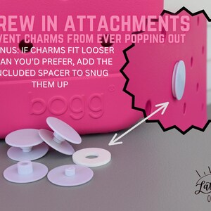 May include: A close-up of a bright pink bag with the text "SCREW IN ATTACHMENTS" and "PREVENT CHARMS FROM EVER POPPING OUT". White screw-in attachments and spacers are shown. The bag has the brand name "bogg".
