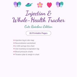 Può includere: Un documento digitale intitolato Injection & Whole-Health Tracker Cute Rainbow Edition con 36 pagine stampabili. Presenta icone di farfalle, un fiore e un cuore, oltre a un elenco di registri per iniezioni e pressione sanguigna.