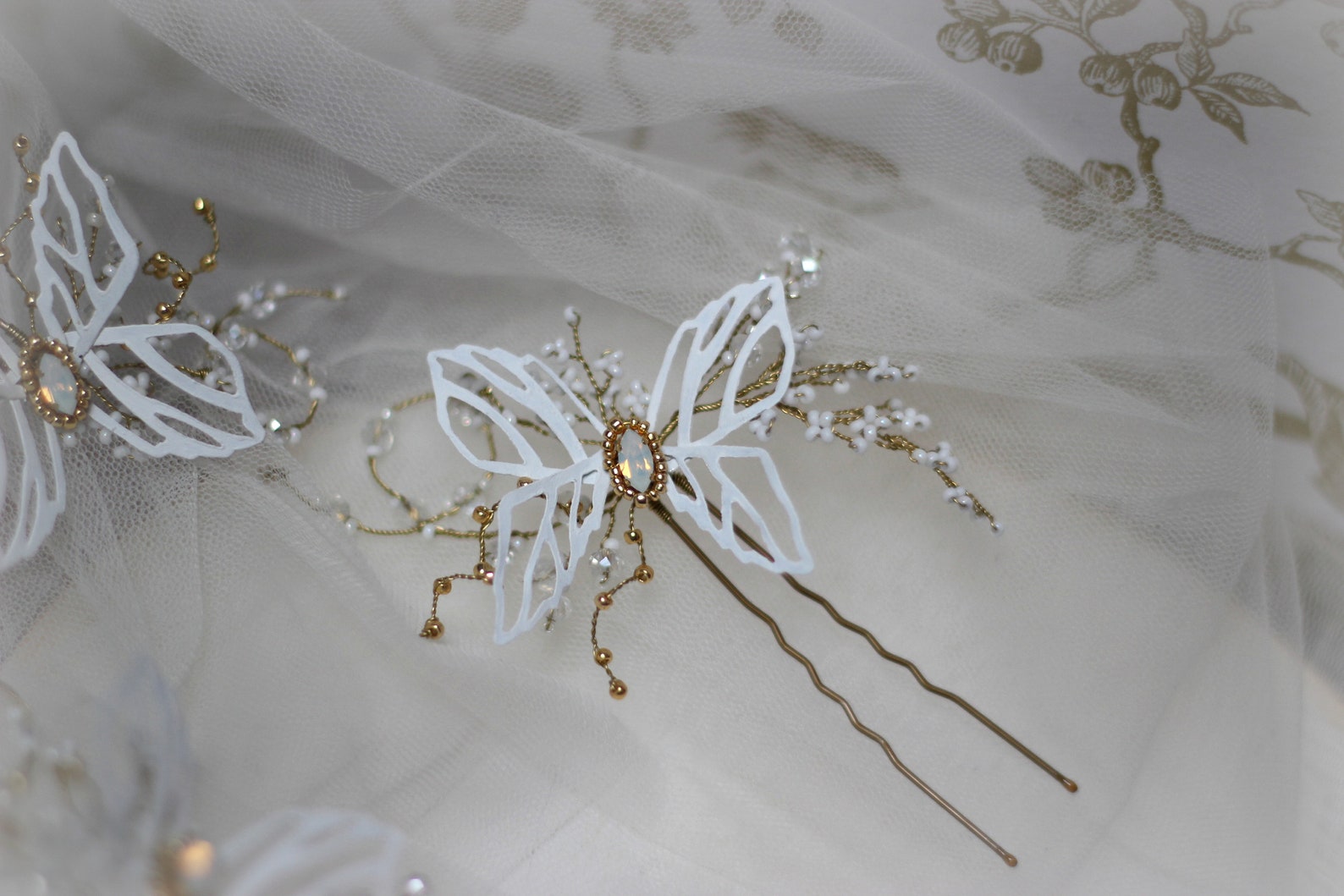 Butterfly Bridal Hair Pin in White and Gold, Wedding Crystal and Pearl ...