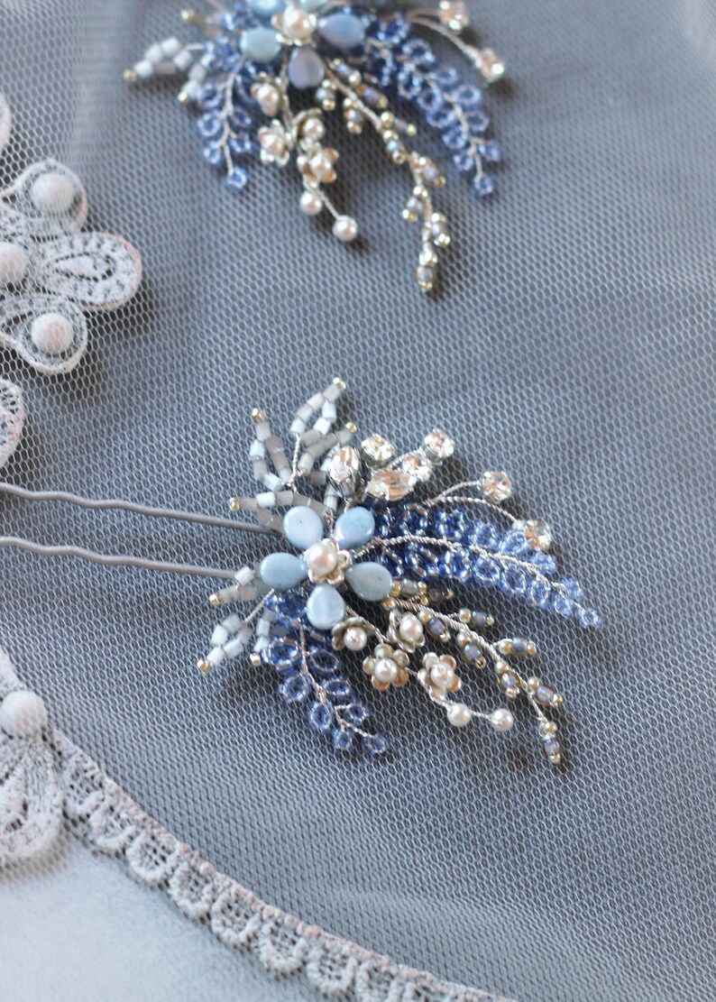 Light blue and silver color wedding hair pin, Something blue bridal hair piece, Azure flower hair jewelry, Swarovski bridesmaid headpiece, image 9