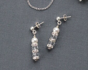 Bridal earrings made of crystals and pearls, Cylindrical shapes small wedding earrings, Stud dangle earrings for bridesmaids