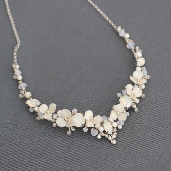 Ivory flower crystal wedding necklace, Bridal delicate pearl floral  chain necklace, White jewelry for bride,