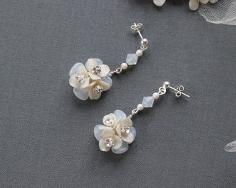 Flower petal bridal earrings with Swarovski crystals and pearls, Long dangle earrings for wedding, White and ivory color floral earrings