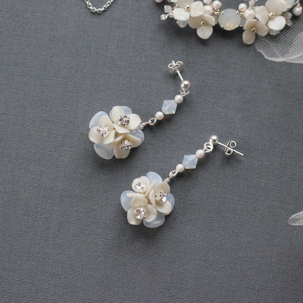 Flower petal bridal earrings with Swarovski crystals and pearls, Long dangle earrings for wedding, White and ivory color floral earrings