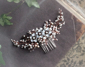 White and rose gold flower beaded bridal hair comb, Swarovski pearl and crystal headpiece, Floral hair accessory for bride