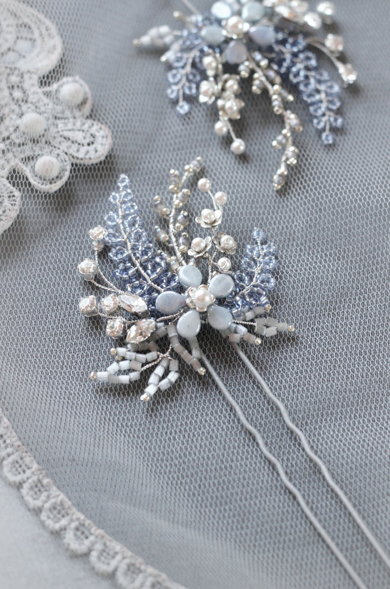 Light blue and silver color wedding hair pin, Something blue bridal hair piece, Azure flower hair jewelry, Swarovski bridesmaid headpiece, image 4