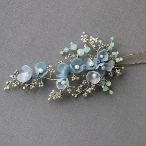 Blue and mint color bridal hair piece, Something blue for bride, Floral wedding hair pin, Swarovski jewellery, Flower headpiece