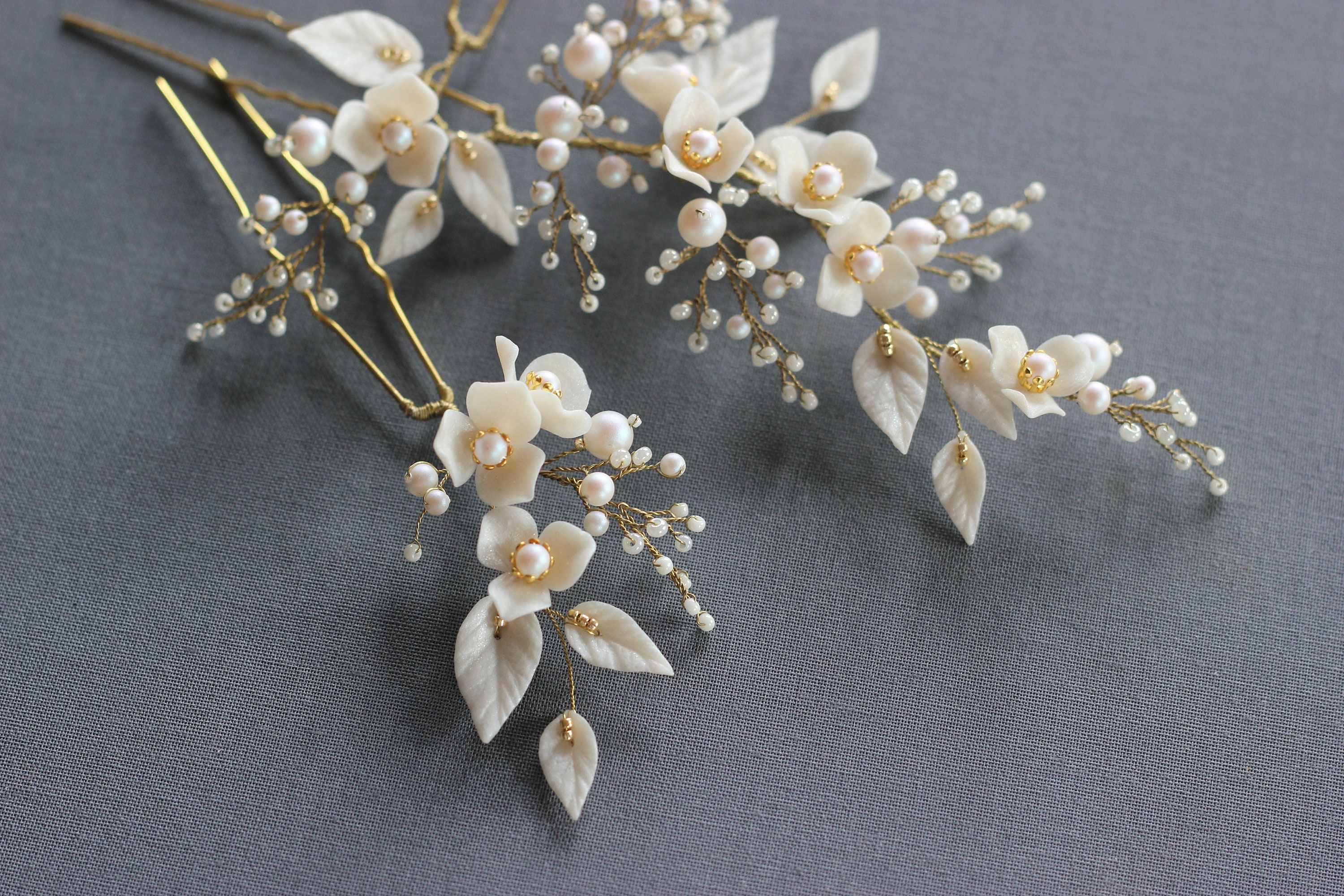 Ivory Bridal Floral Hair Pin Set, Wedding Pearl and Flower  display picture 1