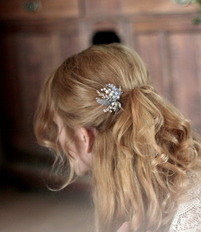 Light blue and silver color wedding hair pin, Something blue bridal hair piece, Azure flower hair jewelry, Swarovski bridesmaid headpiece, image 1