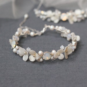 White flower crystal and pearl bridal bracelet, Silver and white opal Swarovski wedding bangle, Adjustable rhinestone bracelet for bride