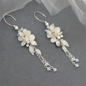 Silver and opal white bridal flower earrings with chains and crystals, Ivory wedding dangle earrings with pearls, Earrings for bride