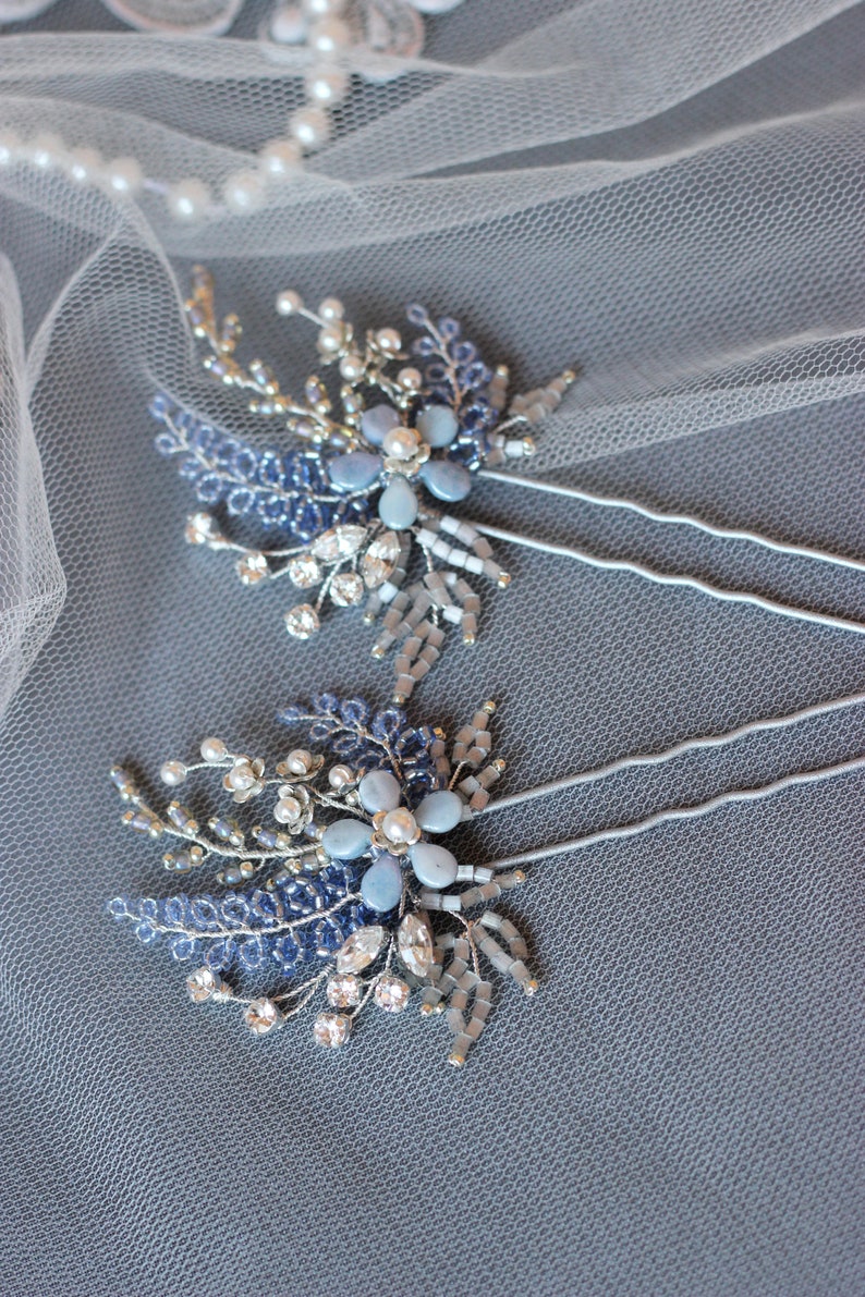 Light blue and silver color wedding hair pin, Something blue bridal hair piece, Azure flower hair jewelry, Swarovski bridesmaid headpiece, image 7