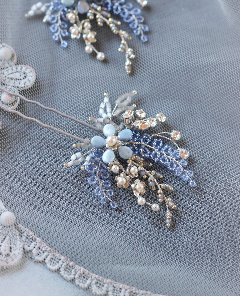 Light blue and silver color wedding hair pin, Something blue bridal hair piece, Azure flower hair jewelry, Swarovski bridesmaid headpiece, image 3