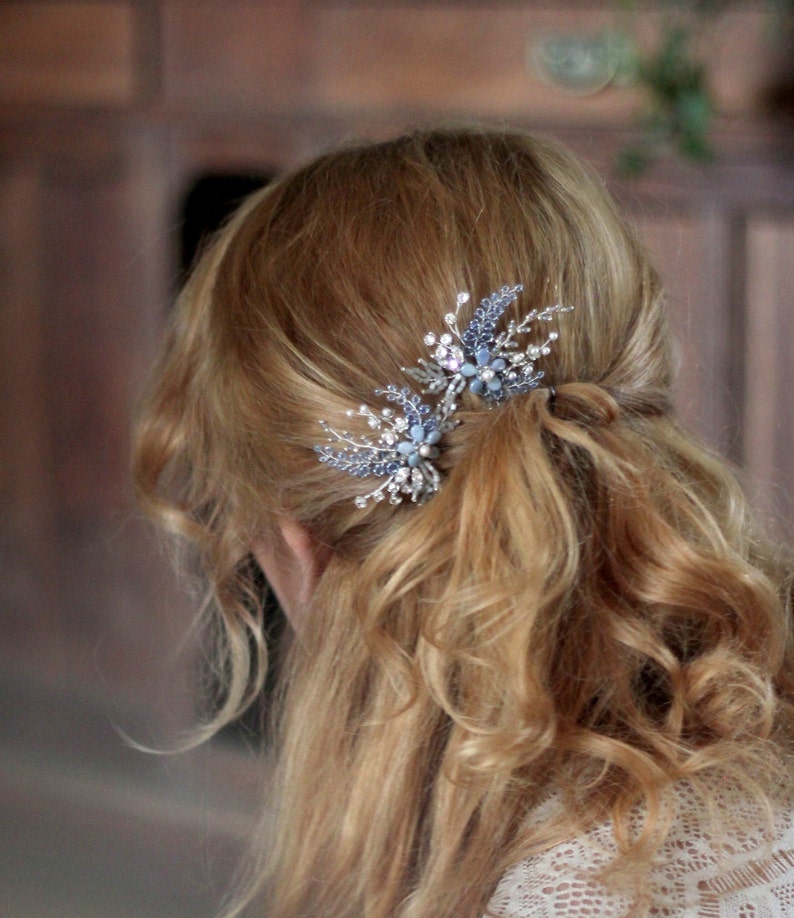Light blue and silver color wedding hair pin, Something blue bridal hair piece, Azure flower hair jewelry, Swarovski bridesmaid headpiece, image 2