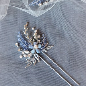 Light blue and silver color wedding hair pin, Something blue bridal hair piece, Azure flower hair jewelry, Swarovski bridesmaid headpiece, image 8