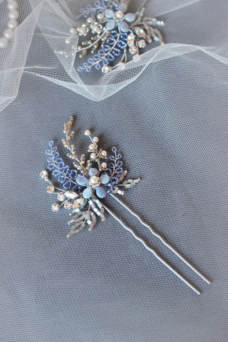 Light blue and silver color wedding hair pin, Something blue bridal hair piece, Azure flower hair jewelry, Swarovski bridesmaid headpiece, image 8