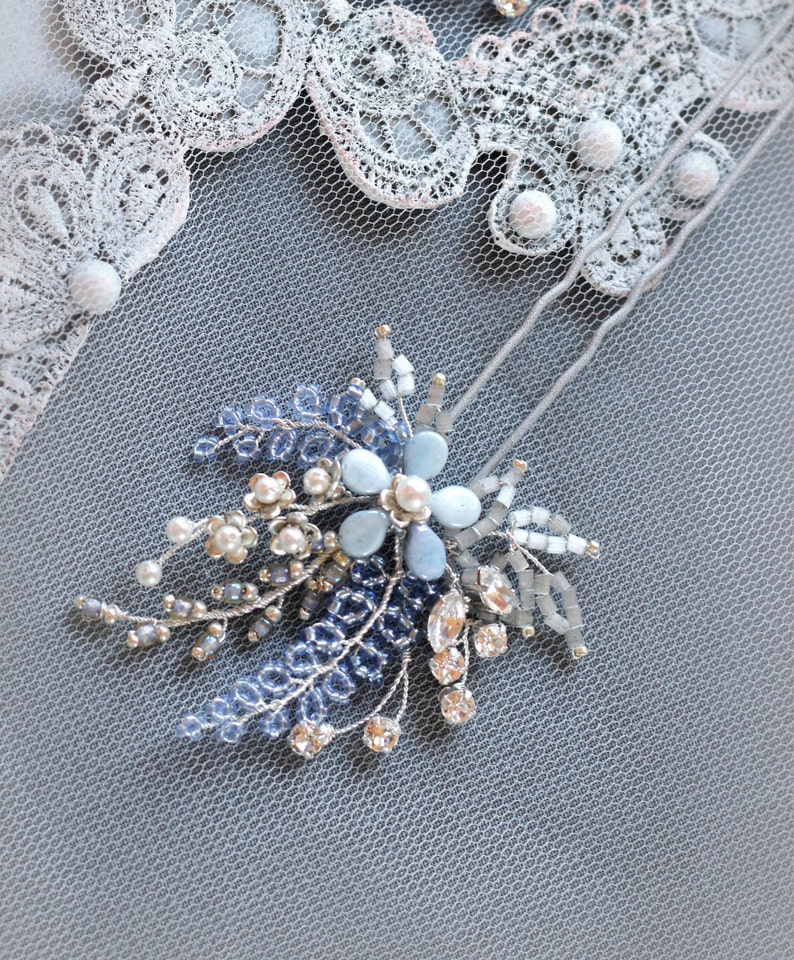 Light blue and silver color wedding hair pin, Something blue bridal hair piece, Azure flower hair jewelry, Swarovski bridesmaid headpiece, image 5