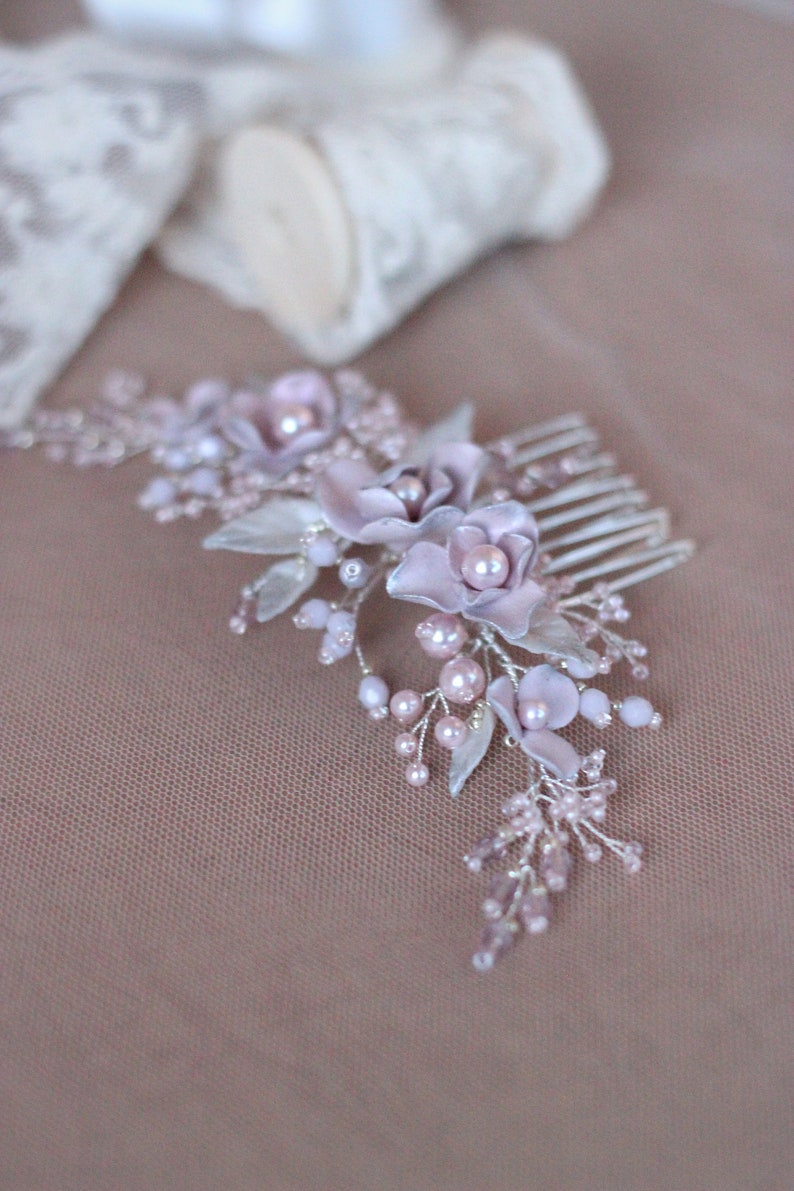 Pink and silver color Swarovski pearl hair comb for bride Etsy
