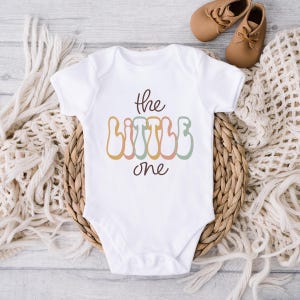 kids &quot;the little one&quot; tee, boho baby announcement onesie, baby brother or sister bodysuit, retro youngest sibling shirt, sibling matching