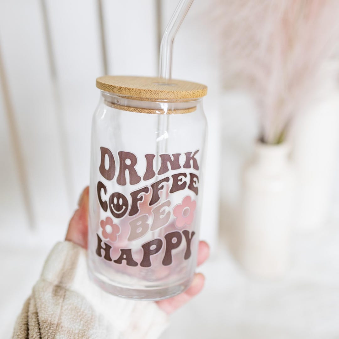 Retro Daisy Libby Coffee Glass With Bamboo Lid & Glass Straw - Etsy