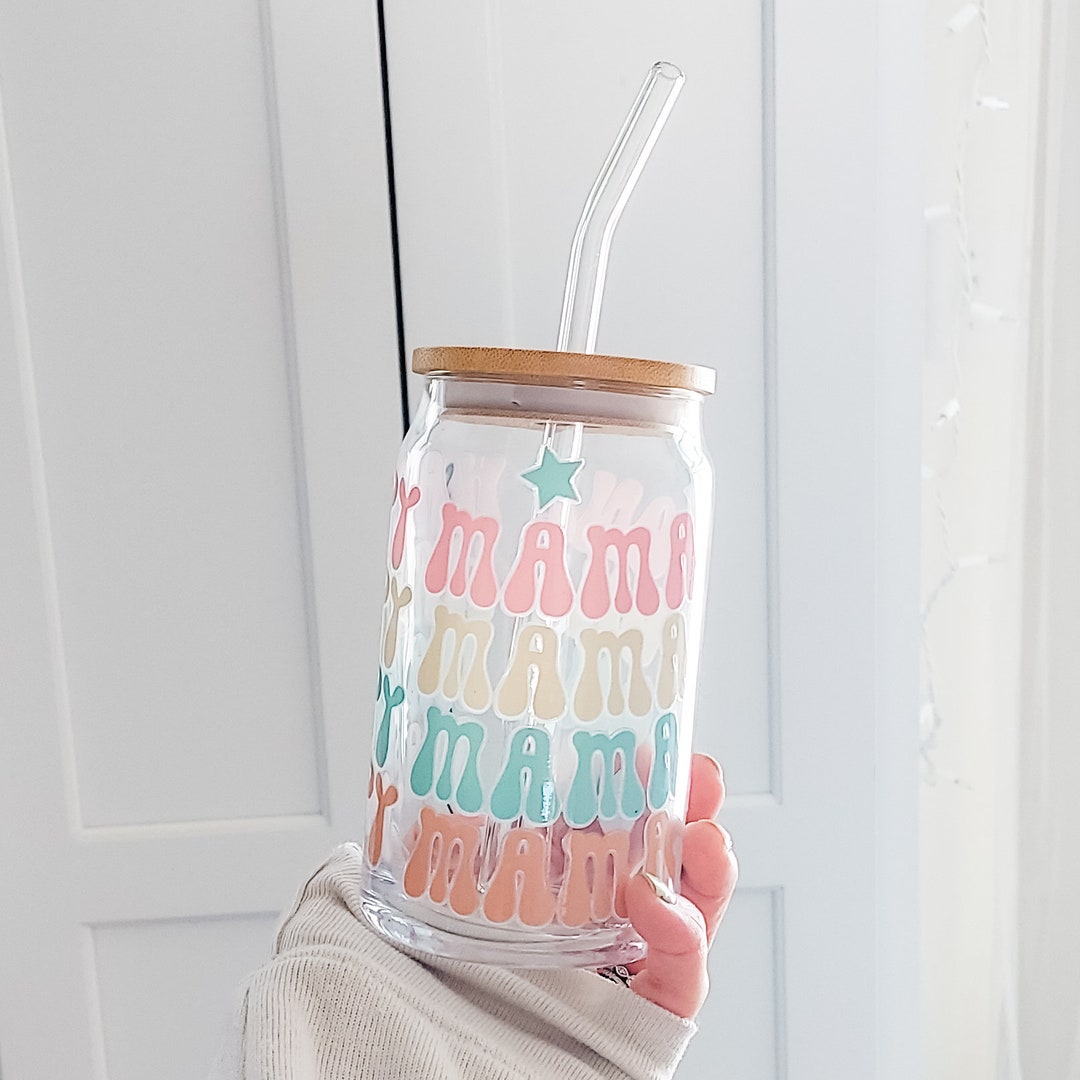 Groovy Mama Iced Coffee Libby Glass With Bamboo Lid & Glass Straw (16 ...