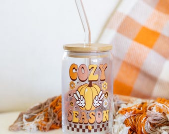 Fall Pumpkin Libbey Glass, Groovy Sipper with Bamboo Lid & Glass Straw, 16 oz
