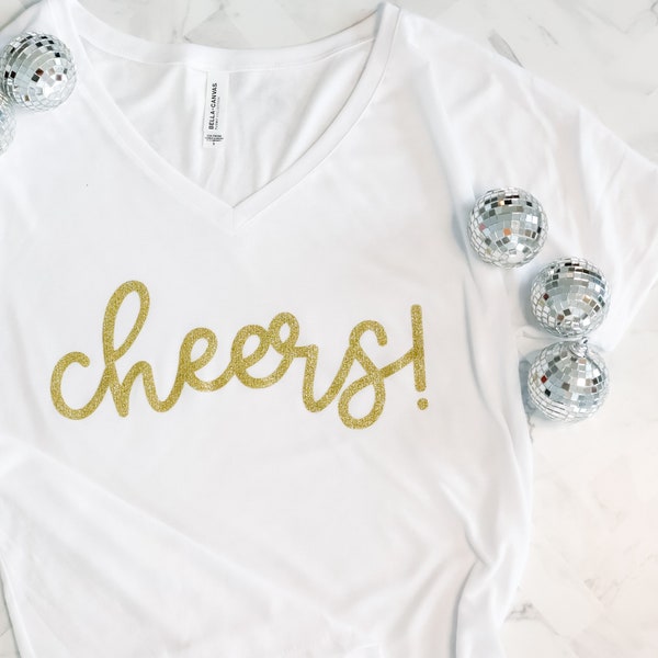 women's "cheers" glitter champagne and white v-neck t-shirt