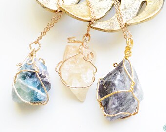 Wrapped natural gemstone pendant necklace (Amethyst, Citrine, Fluorite)