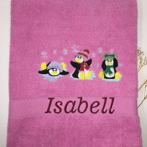 Hand Towel / Shower Towel / Bath Towel 470/500 g/meter Winter Penguins Penguin 02 Name Embroidery Embroidered Embroidery image 2