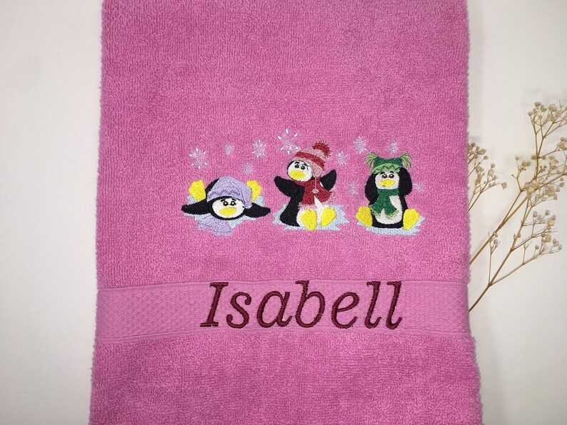 Hand Towel / Shower Towel / Bath Towel 470/500 g/meter Winter Penguins Penguin 02 Name Embroidery Embroidered Embroidery image 2