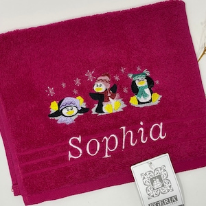 Hand Towel / Shower Towel / Bath Towel 470/500 g/meter Winter Penguins Penguin 02 Name Embroidery Embroidered Embroidery image 6