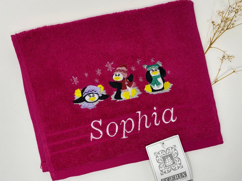 Hand Towel / Shower Towel / Bath Towel 470/500 g/meter Winter Penguins Penguin 02 Name Embroidery Embroidered Embroidery image 6