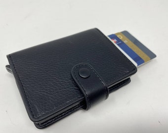 Hochwertiges Echt Leder Herren Portemonnaie mit Kreditkarten- pop up Slide - Qualitäts Rindsleder Männer Geldtasche Smart Wallet - Schwarz