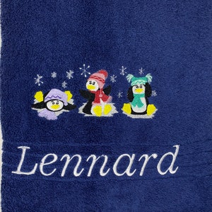 Hand Towel / Shower Towel / Bath Towel 470/500 g/meter Winter Penguins Penguin 02 Name Embroidery Embroidered Embroidery image 3