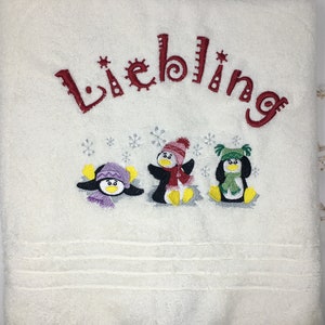 Hand Towel / Shower Towel / Bath Towel 470/500 g/meter Winter Penguins Penguin 02 Name Embroidery Embroidered Embroidery image 1