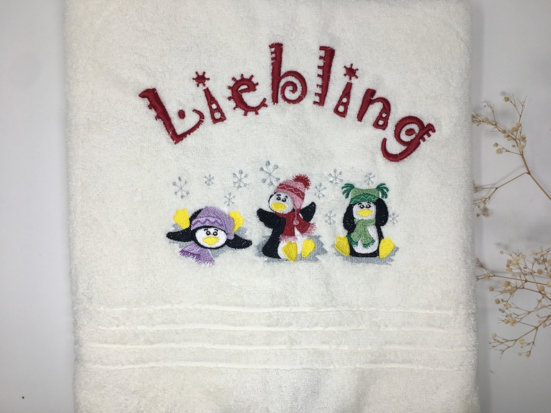 Hand Towel / Shower Towel / Bath Towel 470/500 g/meter Winter Penguins Penguin 02 Name Embroidery Embroidered Embroidery image 1