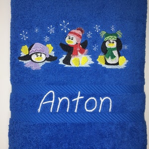 Hand Towel / Shower Towel / Bath Towel 470/500 g/meter Winter Penguins Penguin 02 Name Embroidery Embroidered Embroidery image 4