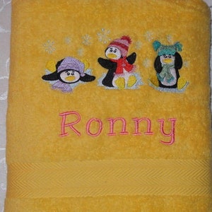 Hand Towel / Shower Towel / Bath Towel 470/500 g/meter Winter Penguins Penguin 02 Name Embroidery Embroidered Embroidery image 8