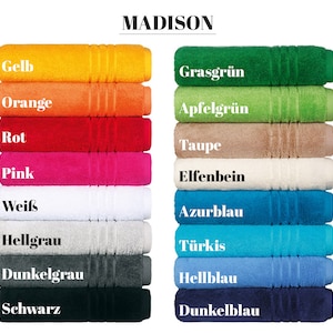 May include: A set of 12 towels in various colors, including yellow, orange, red, pink, white, gray, black, green, blue, and beige. The towels are arranged in two columns, with the colors alternating between the columns. The word "MADISON" is printed at the top of the image. The towels are labeled with their colors in German.