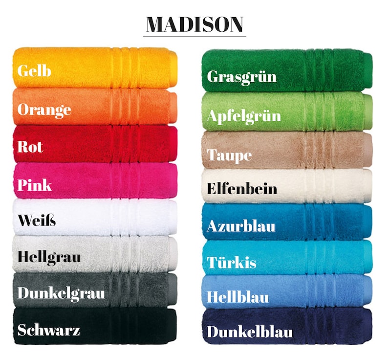 May include: A set of 12 towels in various colors, including yellow, orange, red, pink, white, gray, black, green, blue, and beige. The towels are arranged in two columns, with the colors alternating between the columns. The word "MADISON" is printed at the top of the image. The towels are labeled with their colors in German.