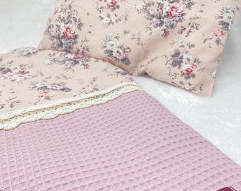 Vintage doll bedding doll bed cover doll bed linen duvet pillow 2 pc set for doll bed doll carrier doll pram waffle pique