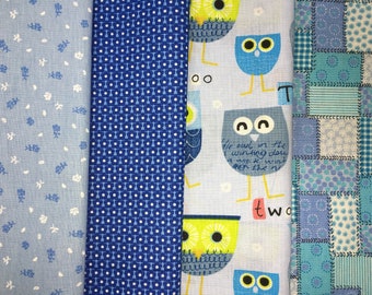 Stoffpaket 1 m 4x 0,25 m Eule Blau Blumen Blümchen Patchwork Stoffe Dekostoff Deko Kinderstoff Kinder Stoff 100%  Baumwolle Baumwollstoff