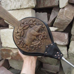 Solid Oak Wood Fireplace Bellows with leather band - Wood and Leather Air Blower - Great Fire Pit Tool - Wooden Stove Barbecue Tool