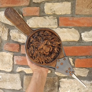 Our Novelty &quot;Wild Lion&quot; - Solid Oak Wood Fireplace Bellows - Wood and Leather Air Blower for Fire Pit Tool - Wooden Stove Barbecue Tool