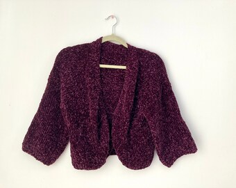 Hand-knitted dark purple velvet cropped cardigan in women’s L-XL-XXL