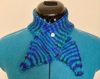 Hand-Knitted 100% Merino Wool Blue/Green Scarf/Necktie with Mother-of-Pearl Button